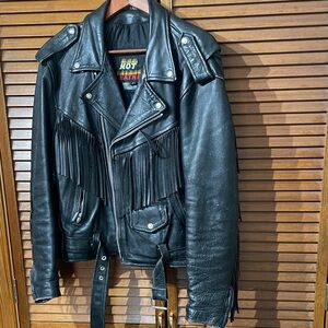 Hot Leathers Black Leather Fringed Biker Jacket With Belt size 42
